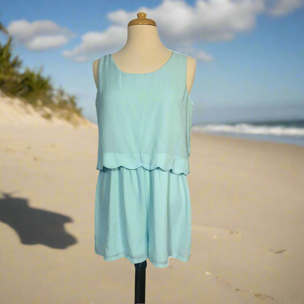 (1017) Light Blue Red Camel Shorts romper , Large